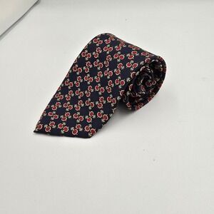 Vintage Christian Dior Monsieur Navy Blue Red Gold‎ Print Silk Necktie